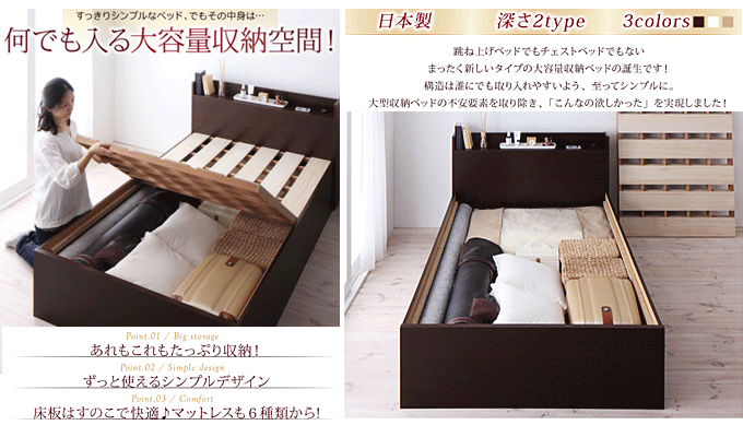 跳ね上げベッドでもない！チェストベッドでもない！日本製シンプルデザイン大容量収納庫付きすのこベッド