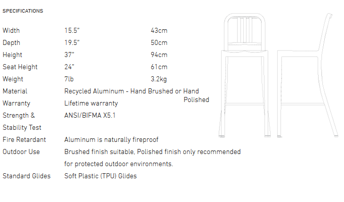 NAVY Chair　E1006-24　emeco　エメコ　ネイビーカウンタースツールの仕様