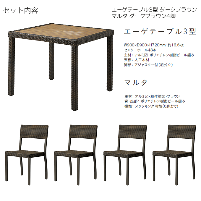 マルタガーデン5点 エーゲテーブル3型ダークブラウン/マルタ ダークブラウン×4