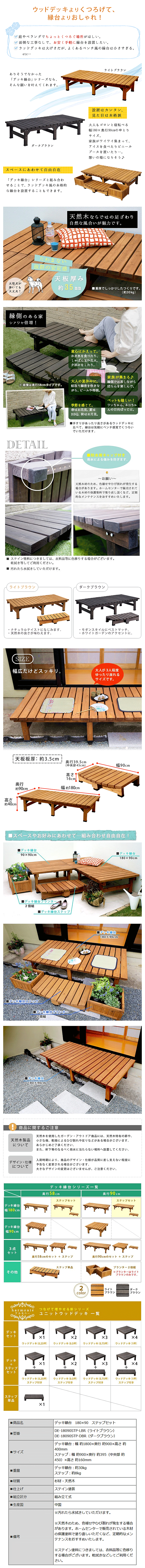 簡単に縁側が作れる 天然木 デッキ縁台 180×90 ステップセット DE