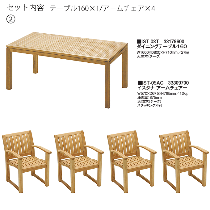 イスタナテラス5点 テーブル160IST-08T/アームチェアIST-05AC×4