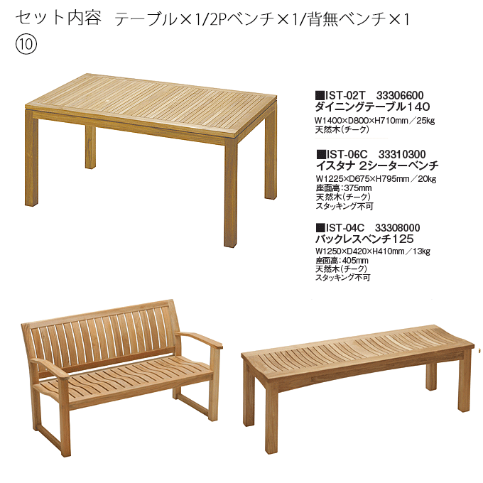 スタナテラス3点 テーブル140IST-02T/2シーターベンチIST-06C×1/バックレスベンチ125IST-04C×1