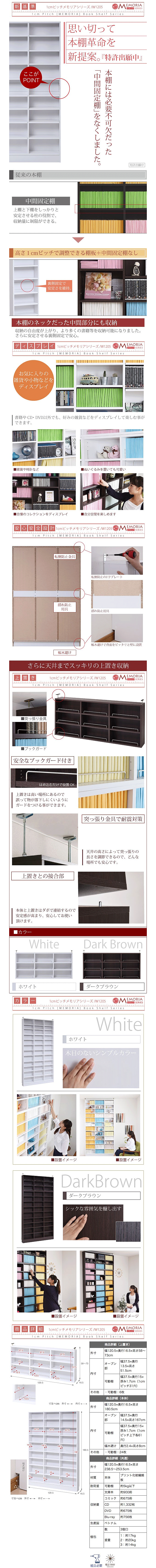 本棚書棚　1cmピッチ　薄型オープン幅120.5　上置きセット　FRM-0102SET商品仕様